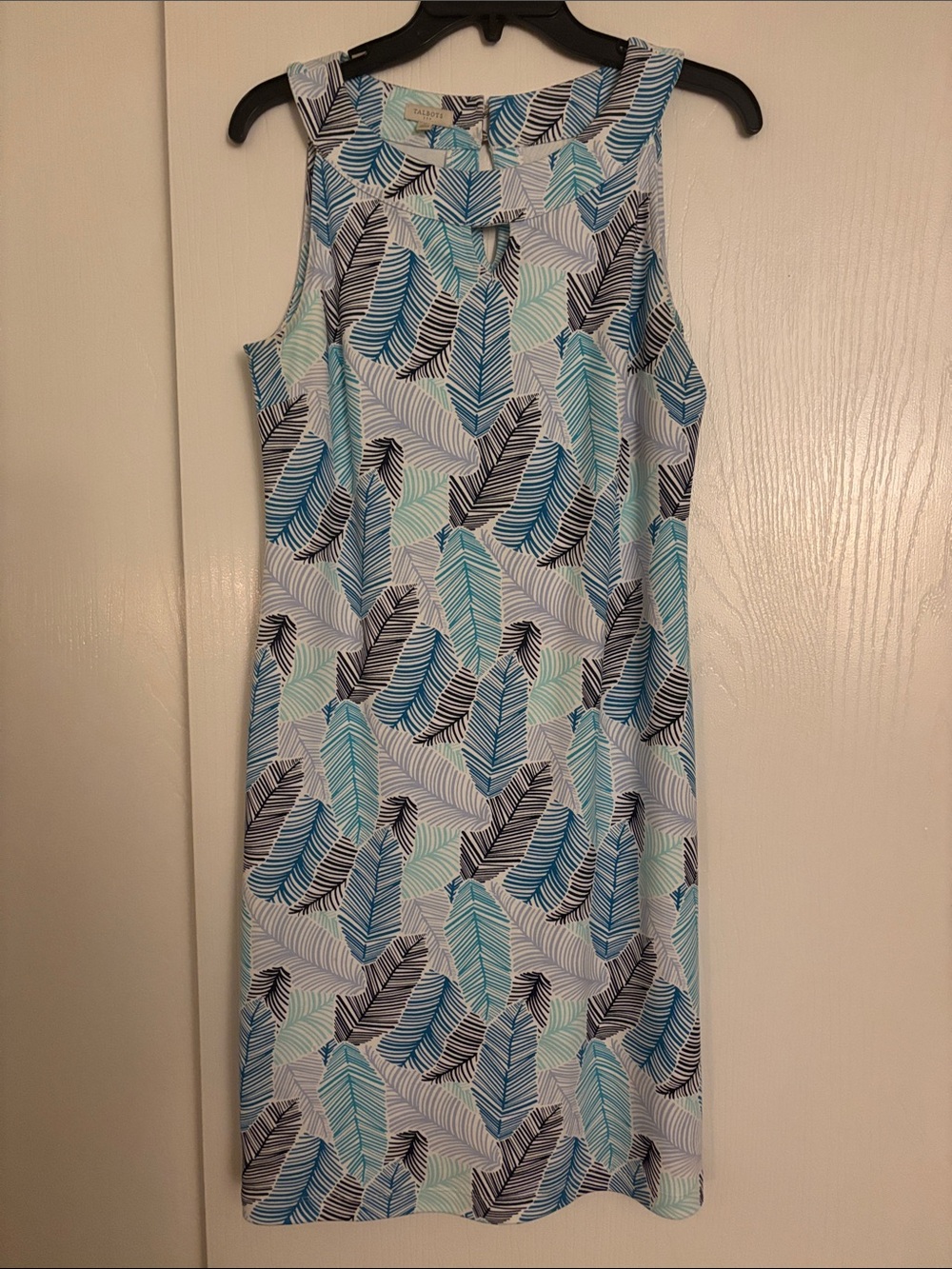 Talbots Sleeveless Leaf-Print Shift Dress in Blue, Teal and Black